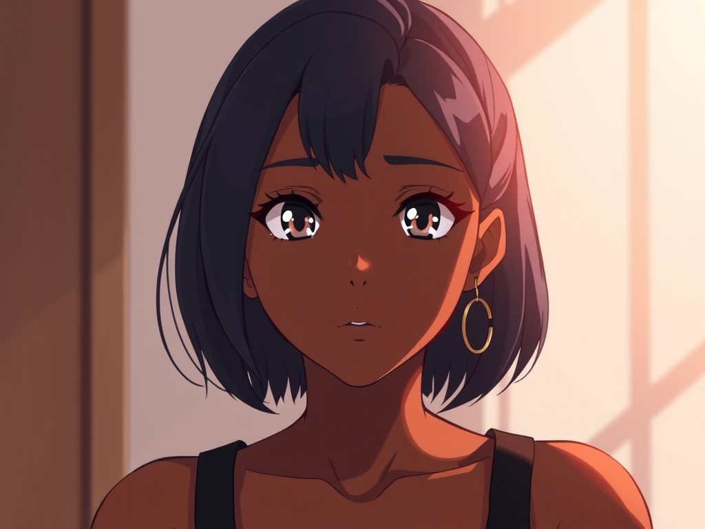 Close-up of a young woman with short dark hair and large expressive eyes, wearing a black top and a hoop earring, gazing thoughtfully towards the viewer.