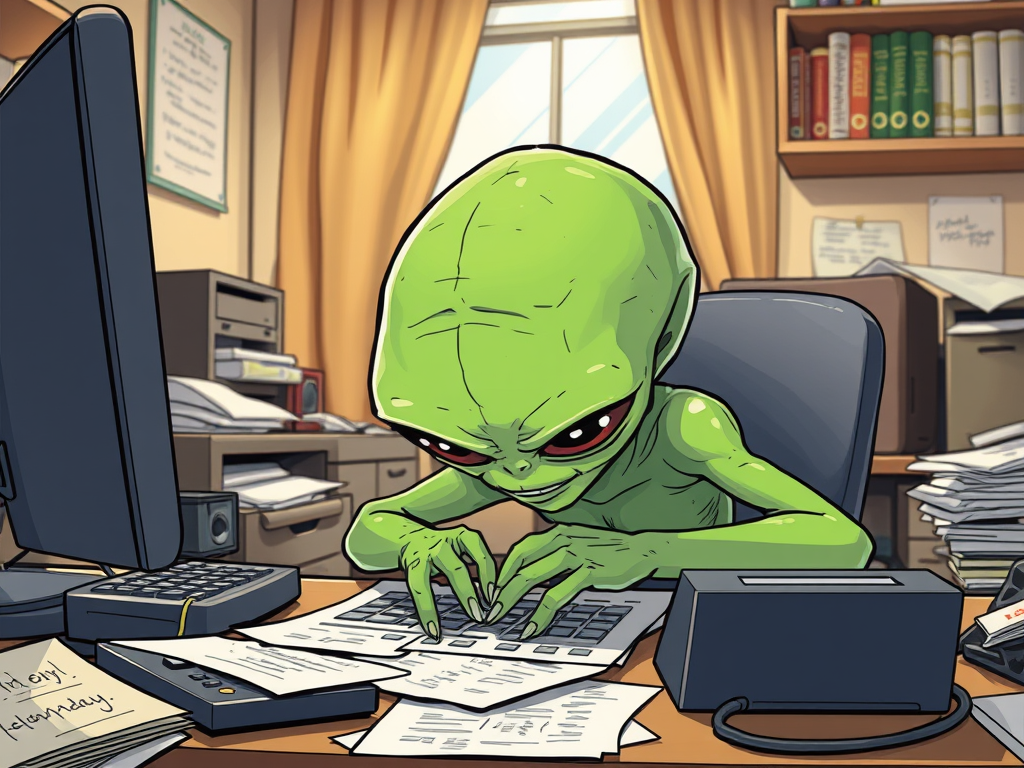 An animated alien character working at a desk, typing on a computer keyboard amidst papers and a calculator, with shelves of books in the background.