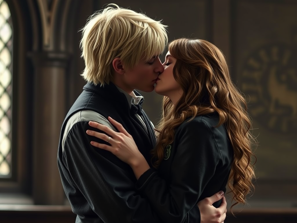 A close-up of a romantic kiss between two young characters in a fantasy setting, with a focus on their expressions and attire, suggesting a magical or school environment.