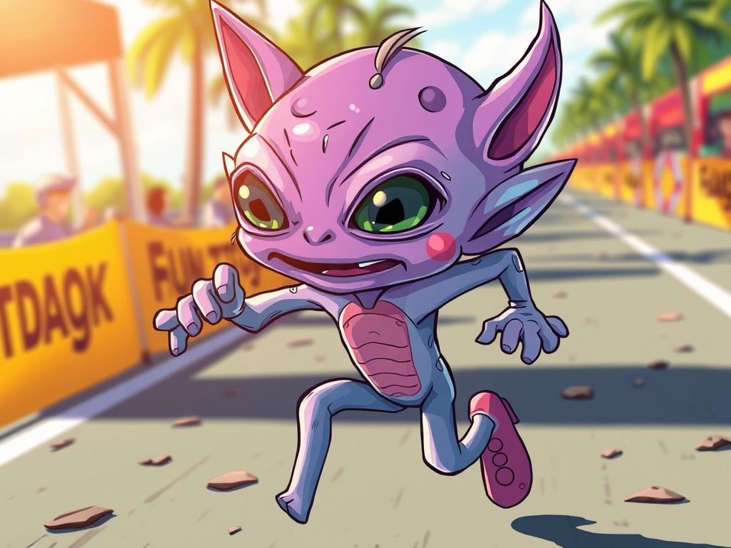 A cartoonish, alien-like character with large expressive eyes and a pinkish-purple skin tone, running energetically on a racetrack surrounded by palm trees and cheering banners.