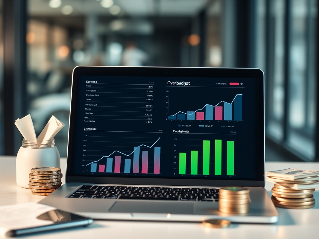 A laptop on a desk displaying financial graphs and charts, alongside stacks of coins and a pen holder, suggesting a focus on budgeting and expenses.