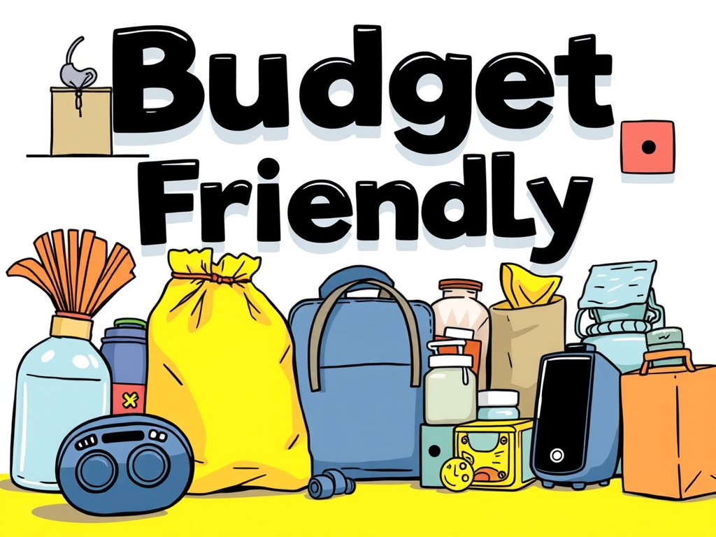 An illustrated array of items labeled 'Budget Friendly,' featuring various containers, bags, and household objects, set against a bright background.