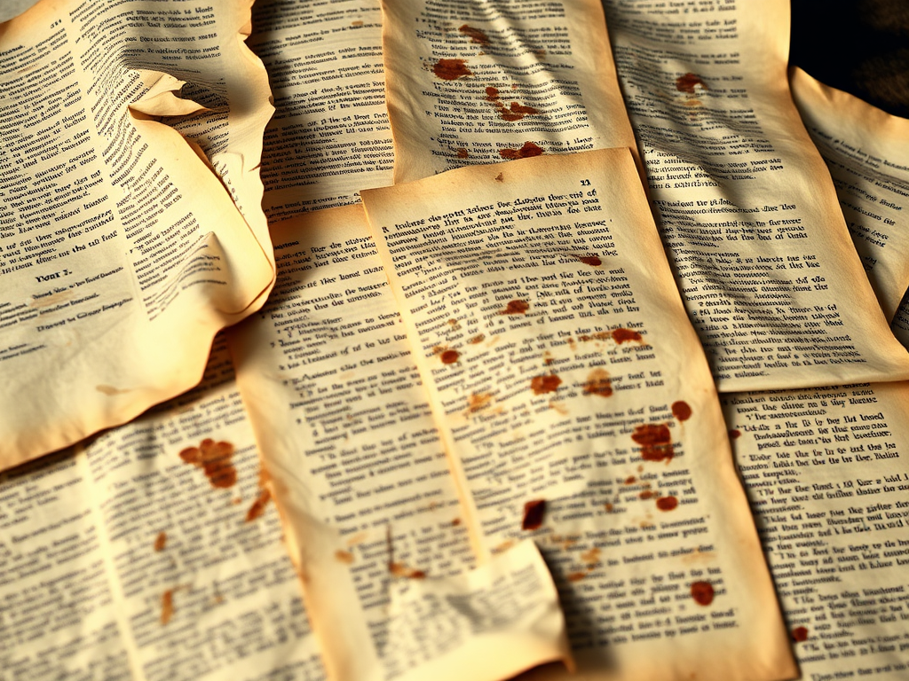 A collection of old, wrinkled pages with printed text, some marked with stains, suggesting a history of use and alteration.