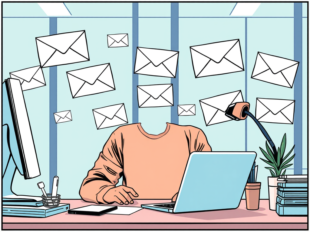 An abstract illustration of a person sitting at a desk with a laptop, surrounded by floating email envelopes, conveying a sense of digital communication and marketing.