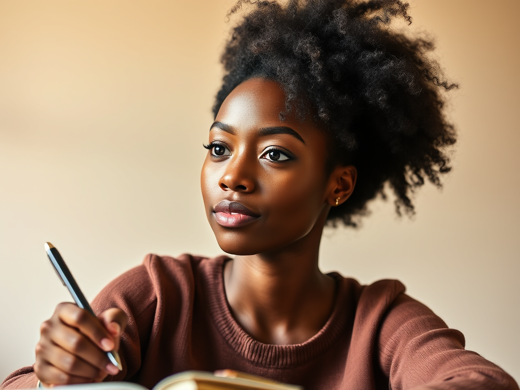 A thoughtful young woman with natural curly hair sits at a table, holding a pen and looking intently at a notebook, embodying a moment of inspiration and creativity.